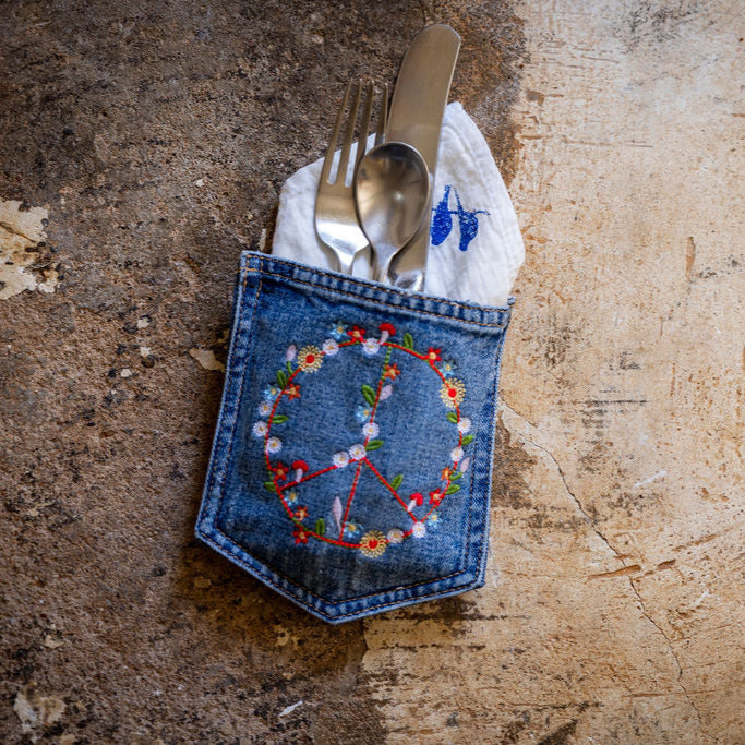 NOLA: Upcycled Denim Cutlery Pocket with Peace Sign- Sold as a Bundle of 4