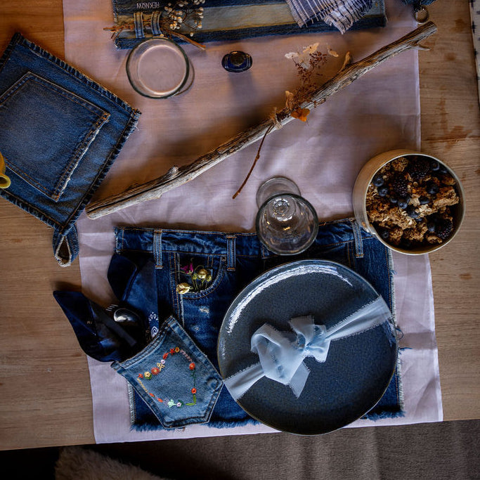 MEMPHIS: Upcycled Denim Cutlery Pocket with Heart- Sold as a Bundle of 4