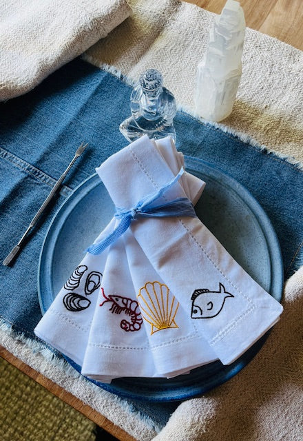 OCEAN CREATURES-Sustainable Embroidered Napkins-Shrimp-fish-oysters-clam shell Sold as a bundle of 4