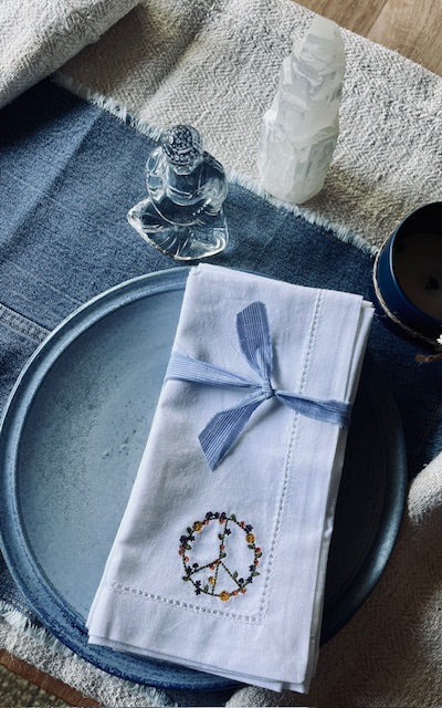 PEACE SIGN-Sustainable Embroidered Napkins Sold as a bundle of 4