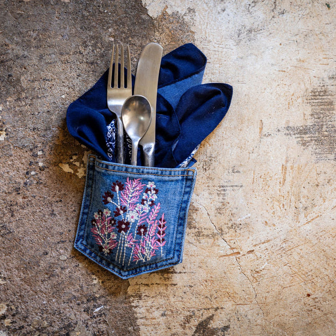 DALLAS: Upcycled Denim Cutlery Pocket with Wildflowers- Sold as a Bundle of 4
