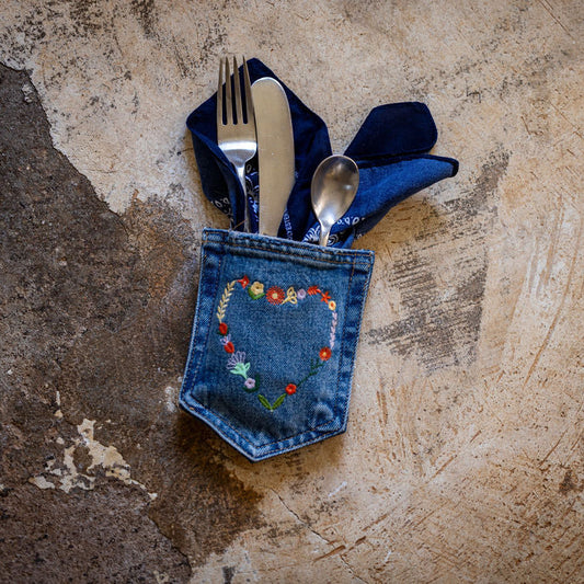 MEMPHIS: Upcycled Denim Cutlery Pocket with Heart- Sold as a Bundle of 4