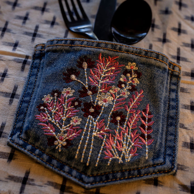 DALLAS: Upcycled Denim Cutlery Pocket with Wildflowers- Sold as a Bundle of 4