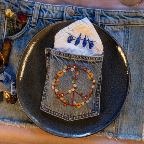 NOLA: Upcycled Denim Cutlery Pocket with Peace Sign- Sold as a Bundle of 4